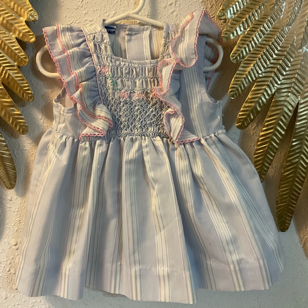 Vintage Baby dress smocked lace pastel striped size T3